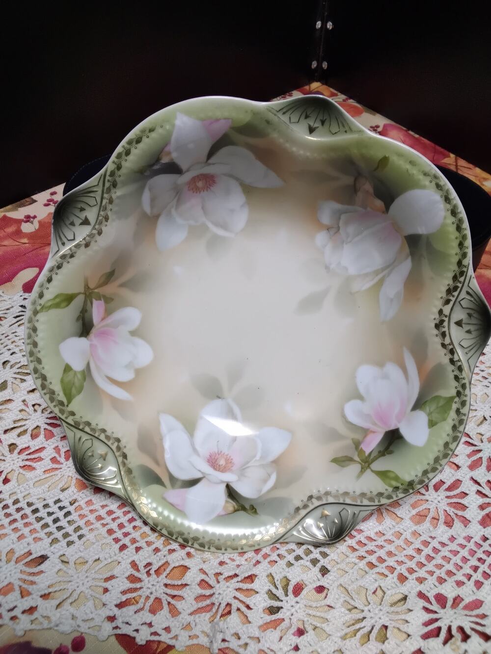 RS Prussia Large Berrie Bowl marked RS Prussia Iridescent White Floral & Gold